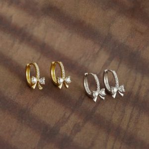 925 sterling silver cubic zirconia bowknot minimalist huggie earring