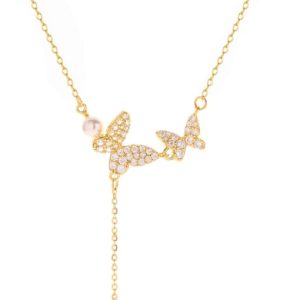 925 sterling silver cubic zirconia butterfly tassel minimalist lariat necklace