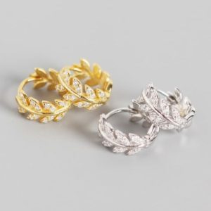 925 sterling silver cubic zirconia leaf vintage huggie earring