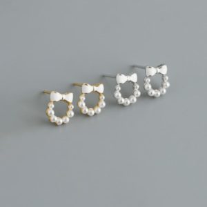 925 sterling silver imitation pearl enamel bowknot minimalist stud earring