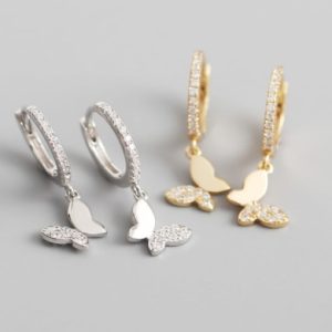 925 sterling silver rhinestone white butterfly trend huggie earring