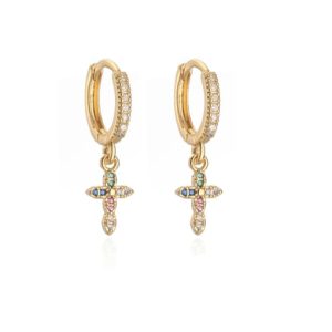 brass cubic zirconia cross hip hop huggie earring