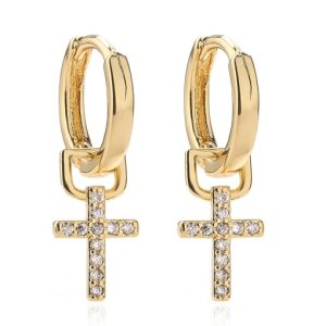 brass cubic zirconia cross vintage huggie earring