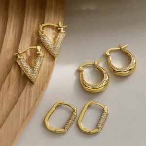 brass cubic zirconia geometric hip hop huggie earring