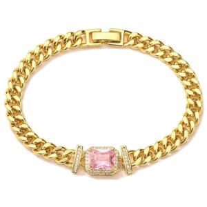 brass cubic zirconia geometric hip hop link bracelet