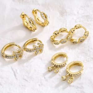 brass cubic zirconia geometric vintage huggie earring