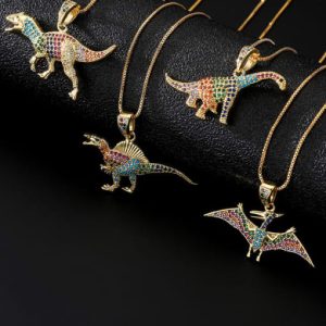brass cubic zirconia  vintage dinosaur pendant necklace