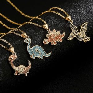 brass cubic zirconia  vintage dinosaur pendant necklace