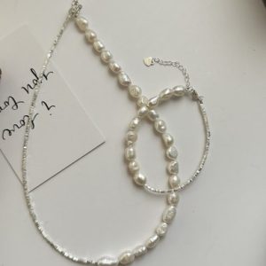 925 sterling silver freshwater pearl dainty geometric  bracelet and necklace set