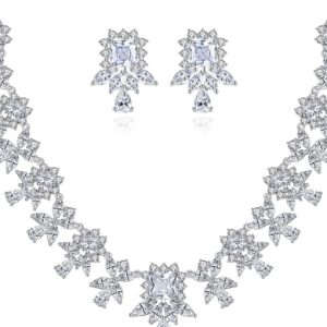 brass cubic zirconia luxury flower  earring and necklace set