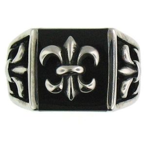 Stainless Steel Polished Black Fleur De Lis Signet Ring / SCR3040