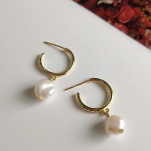 925 sterling silver imitation pearl geometric minimalist huggie earring