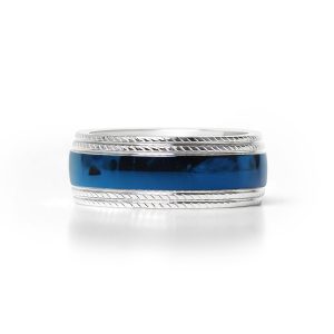 Stainless Steel Blue Center With Lined Patterned Edge Ring / CFR7003