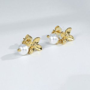 brass imitation pearl flower vintage drop earring