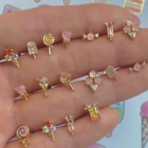 brass cubic zirconia multi color irregular cute stud earring