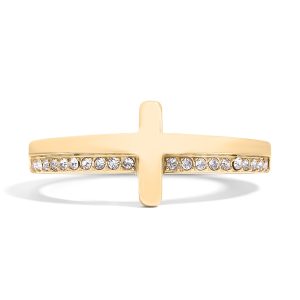 18K Gold PVD Stainless Steel Cross CZ Stone Engraved Stacking Ring / CSR0012