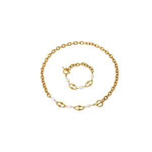 trend geometric stainless steel freshwater pearl bracelet and necklace set