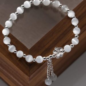 925 sterling silver cats eye elastic rope flower dainty stretch bracelet