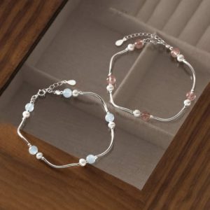 925 sterling silver minimalist handmade strawberry crystal aquamarine  beaded bracelet