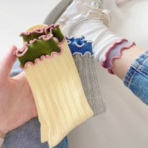 Frill Socks Women's solid color spliced double ribbed cotton socks pile socks