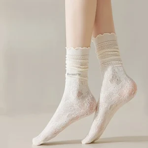 Spring Summer New Mid-tube Socks Japanese Hemp Pattern Elastic Wooden Ear Edge Breathable Hollow Mesh Pile Pile Women's Sock