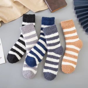 Autumn and Winter Warm Coral Velvet Wide Horizontal Strip Men's Socks Half Velvet Sleeping Floor Socks for Men