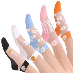 Daisy Women's Breathable Boat Socks Spring Summer Thin Crystal Glass Silk Stockings Transparent Flower Socks
