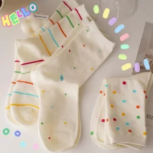 Custom Cream-Colored Ins Cute Versatile Polka Dot Stripes College Style Socks Thin Crew Fun Rainbow Cuff Novelty for Girls