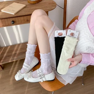 Japanese See Through Mesh Middle Tube Socks for Women Girl Ruffle Ribbon Bowknot Loose Slouch Calf Socks