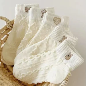 Bulk Wholesale Japanese Solid Embossed White Socks Casual Ankle Bow Embroidery Logo Socks for Women Summer Breathable