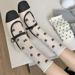 女士中筒袜夏季薄款网眼蝴蝶结波点袜