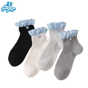 New Arrival Spring Summer Sweet Fashion Ladies Cute Lovely Novelty Blue Checked Ruffle Cuff Women Ankle Socks