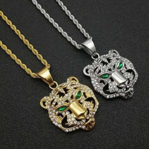 titanium rhinestone vintage tiger pendant necklace for men
