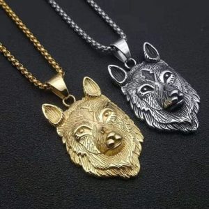 titanium steel rhinestone wolf vintage necklace for men