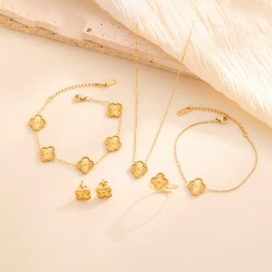 stainless steel minimalist flower ring earring bangle and necklace set