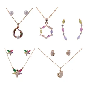 Fashion Gold Plated Geometric Zircon Jewelry Sets Wholesale  Necklace and Pearl Earrings Jewelry Set for Women