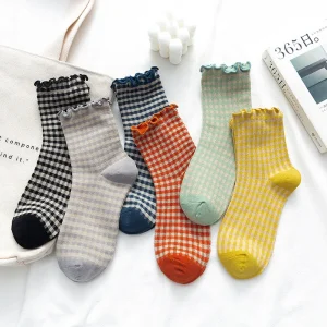 Blue Purple Socks Japanese Fashion Ruffles Socks Women Floral Harajuku Vintage Streetwear Cotton Long Socks