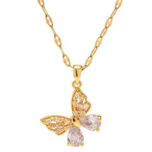 stainless steel cubic zirconia butterfly vintage necklace