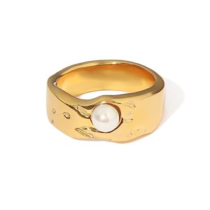 stainless steel imitation pearl geometric hip hop band ring
