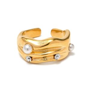 stainless steel imitation pearl geometric vintage band ring