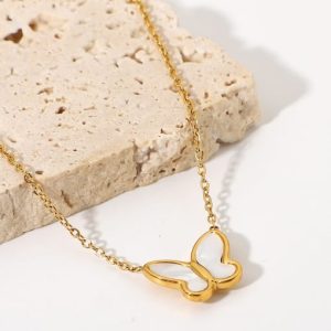 stainless steel shell white butterfly dainty necklace