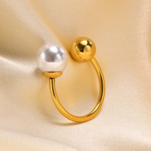 titanium steel imitation pearl geometric minimalist band ring