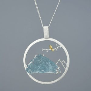 925 sterling silver ancient style bird singing and floral fragrance aquamarine rough stone artisan pendant