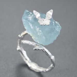 925 sterling silver natural stone natural aquamarine butterfly artisan band ring