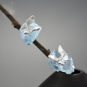925 sterling silver natural aquamarine butterfly creative handmade  artisan stud earring