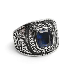 Stainless Steel United States Navy Military Men's Ring with Blue Stone / MCR3068