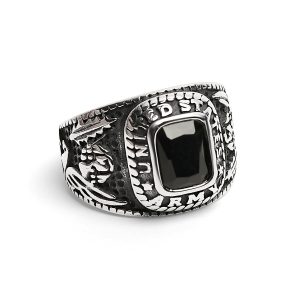 Stainless Steel United States Army Military Men's Ring with Black Stone / MCR3069