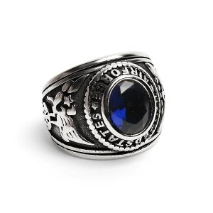 Stainless Steel United States Air Force Military Men's Ring with Blue Stone / MCR3080