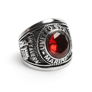 Stainless Steel United States Marine Corp Military Men's Ring with Red Stone / MCR4046