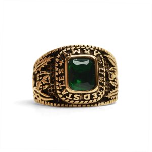 18K Gold PVD Stainless Steel United States Army Green Center Stone Ring / MCR6005